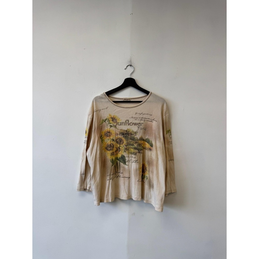 VTG Studio Gem Q Shirt‎ Womens XXL Beige Sunflower Graphic Floral Long Sleeve